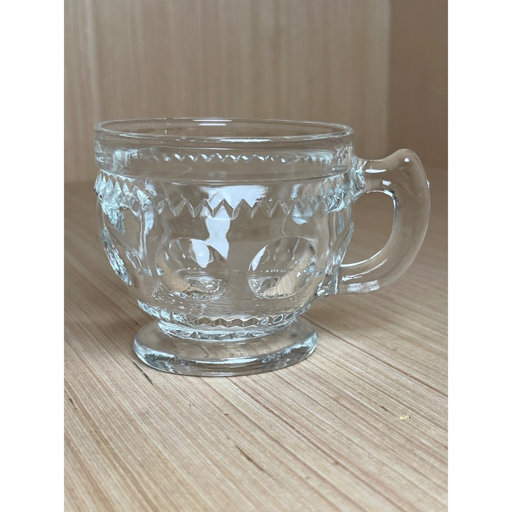 Vintage Tiffin Clear Glass Thumbprint Footed Punch Cups Set of 7 Starburst Base